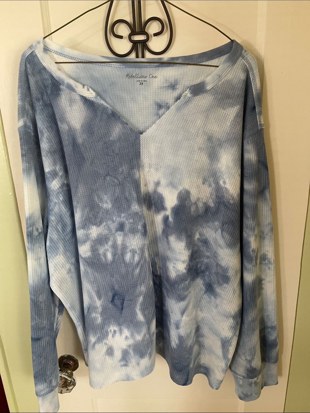 Rebellious One Blue and White Tie-Dye Waffle Knit Top